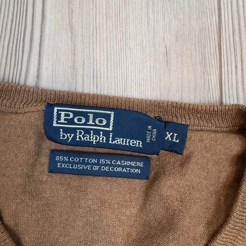 Polo Ralph Lauren Mens XL Brown V-Neck Cotton Cashmere Knit Pony Logo Sweater